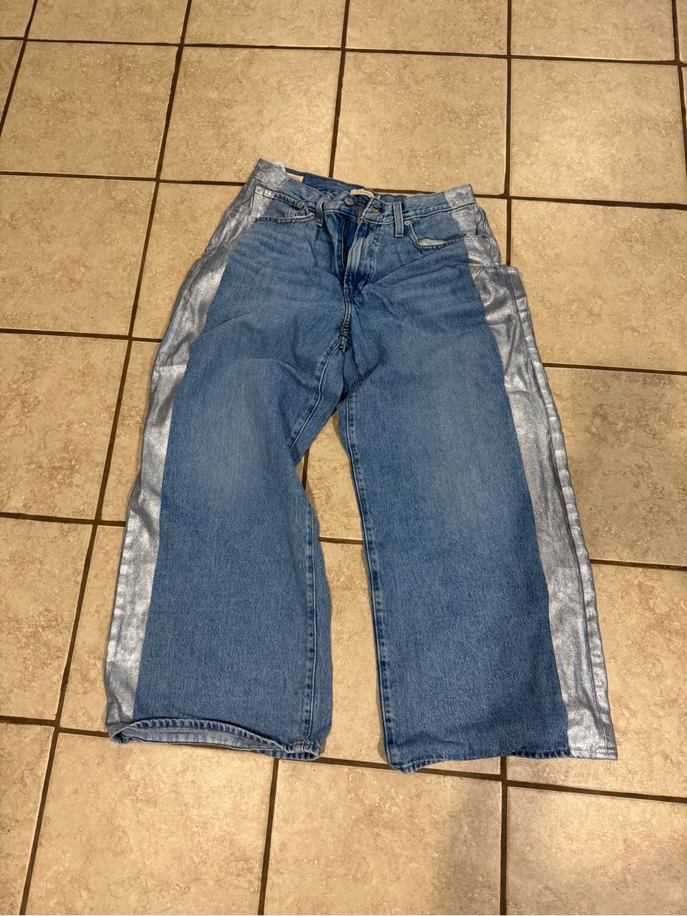Levi's Blue Denim Wide-Leg Jeans with Silver Side Panels